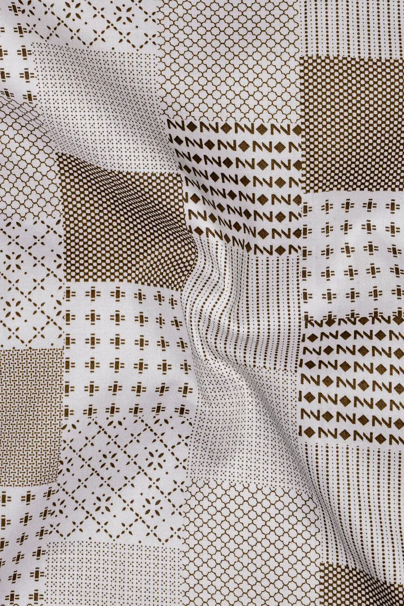 Bright White With Sepia Brown Square Printed Super Soft Premium Cotton Shirt 3