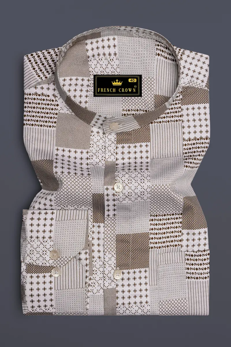 Bright White With Sepia Brown Square Printed Super Soft Premium Cotton Shirt 4