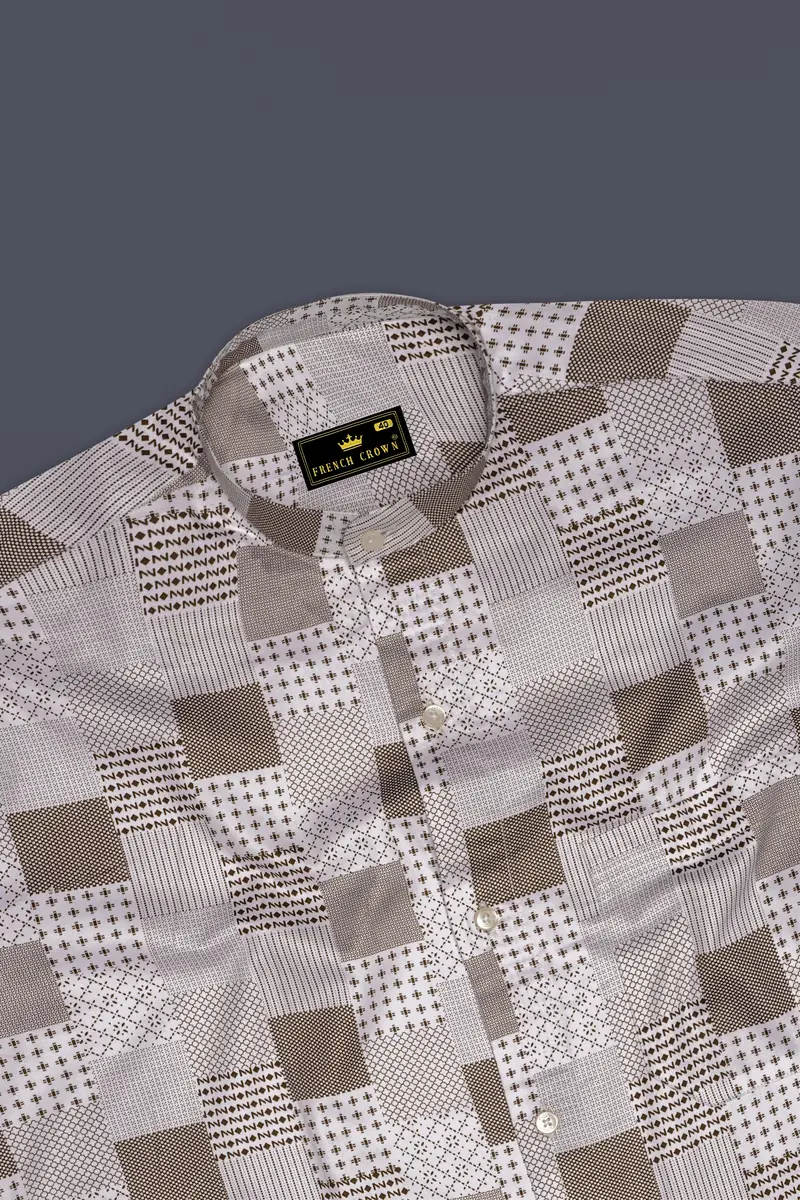 Bright White With Sepia Brown Square Printed Super Soft Premium Cotton Shirt 5