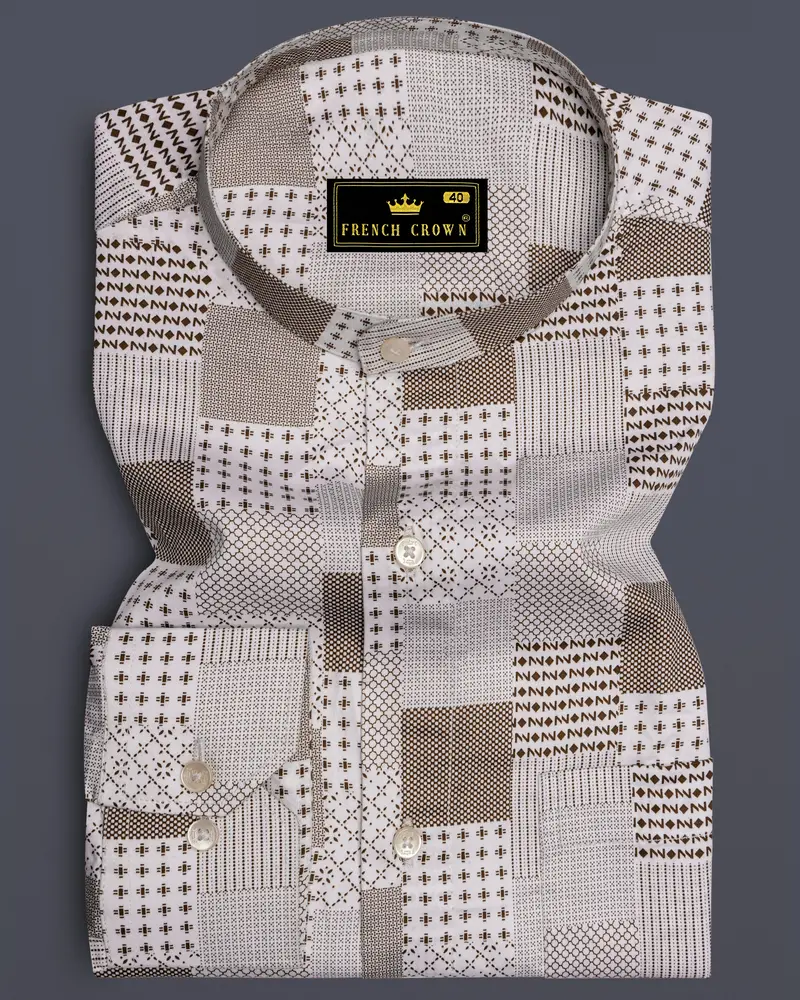 Bright White With Sepia Brown Square Printed Super Soft Premium Cotton Shirt 6