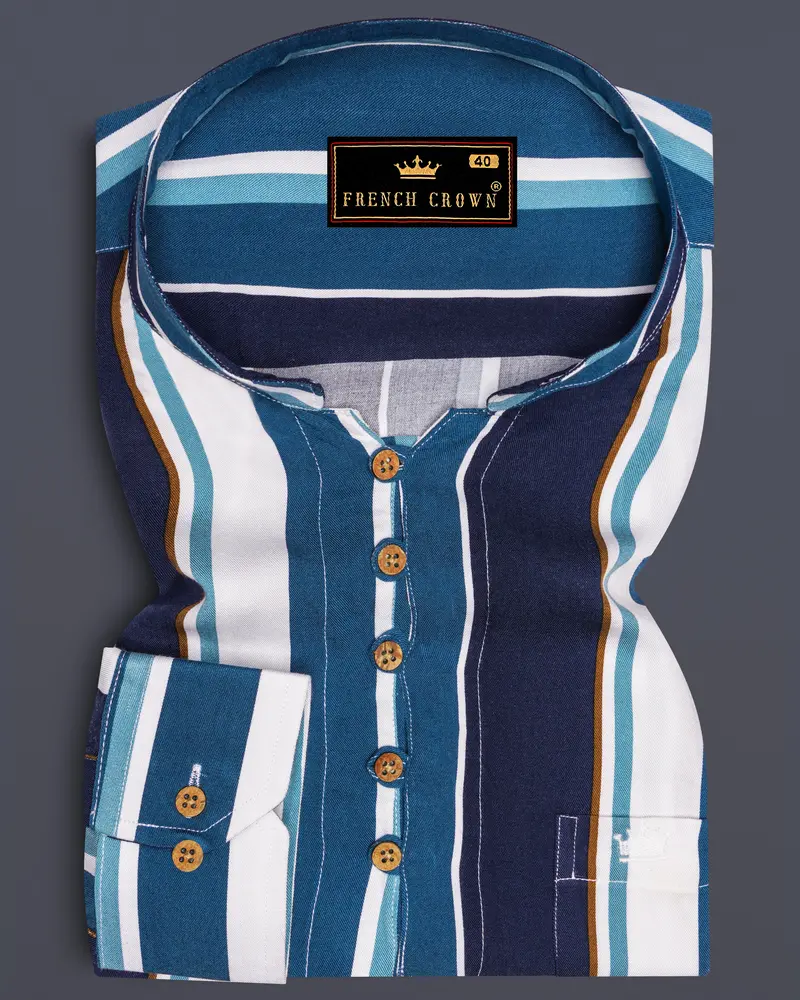 Bright White With Shakespeare Blue And Cyprus Blue Striped Premium Tencel Kurta Shirt 1