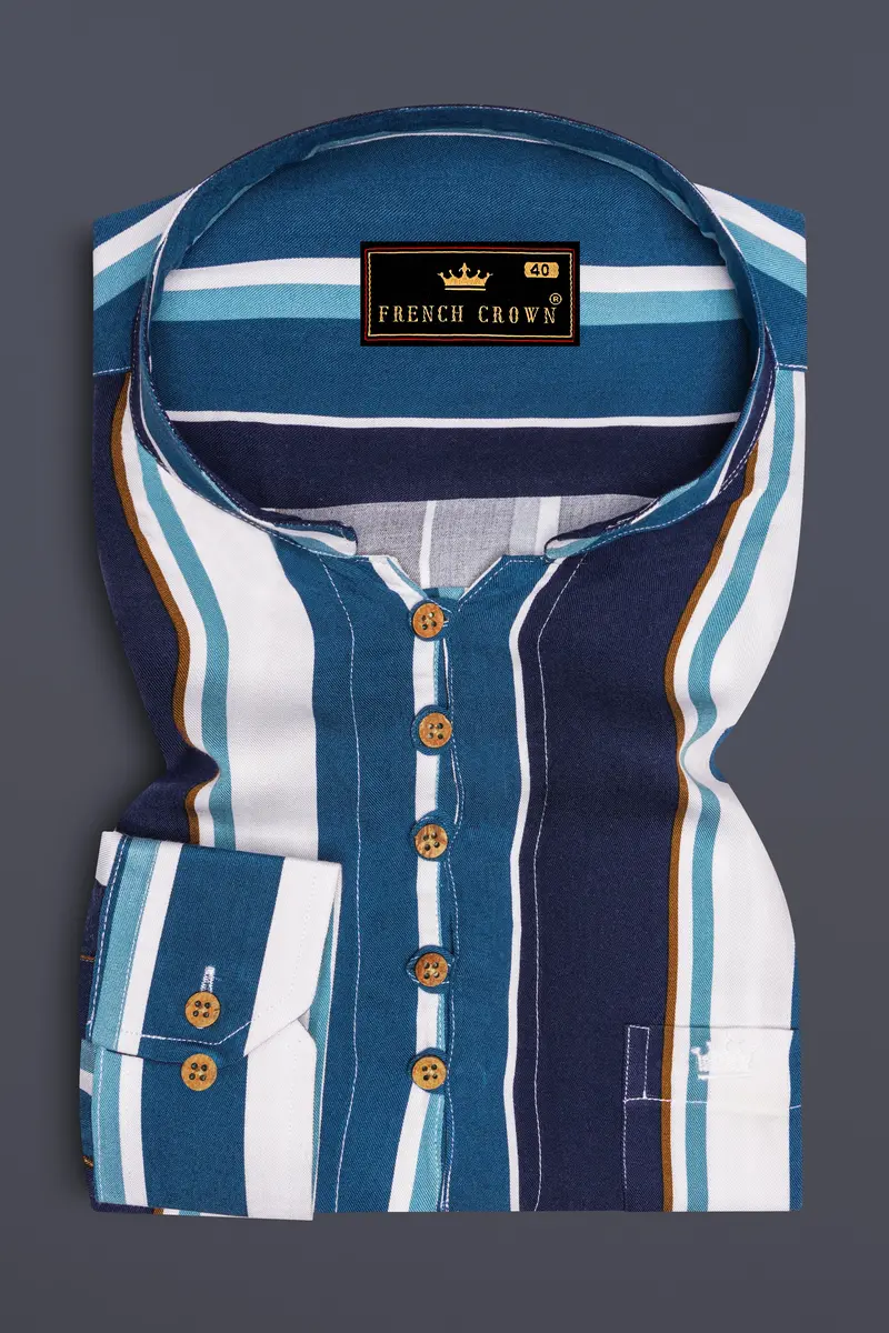Bright White With Shakespeare Blue And Cyprus Blue Striped Premium Tencel Kurta Shirt 2