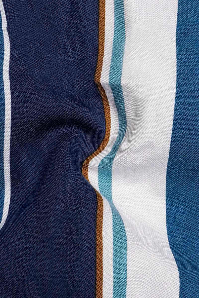 Bright White With Shakespeare Blue And Cyprus Blue Striped Premium Tencel Kurta Shirt 3