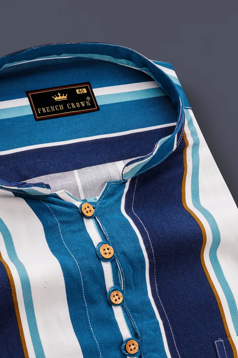 Bright White With Shakespeare Blue And Cyprus Blue Striped Premium Tencel Kurta Shirt 4