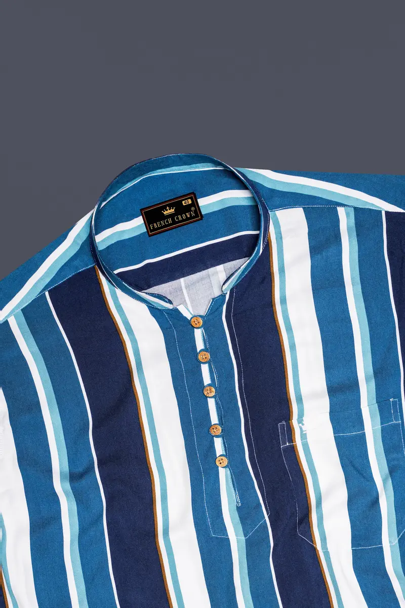 Bright White With Shakespeare Blue And Cyprus Blue Striped Premium Tencel Kurta Shirt 5