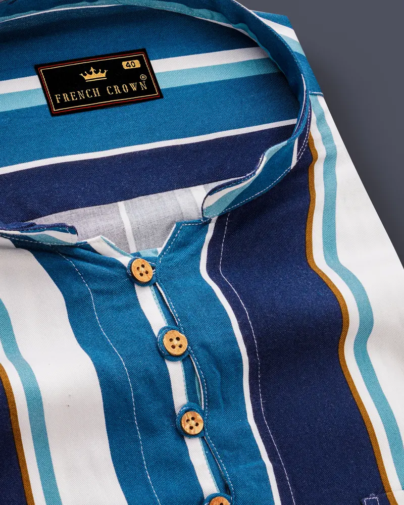 Bright White With Shakespeare Blue And Cyprus Blue Striped Premium Tencel Kurta Shirt 6