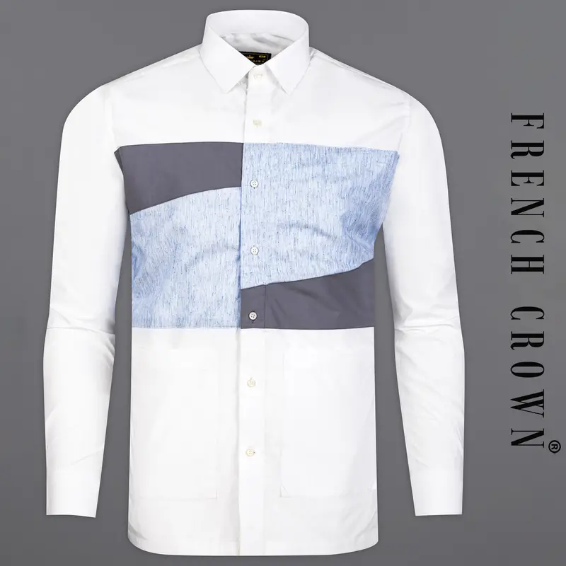 Bright White With Shuttle Gray And Tropical Blue Premium Cotton Designer Shirt 1