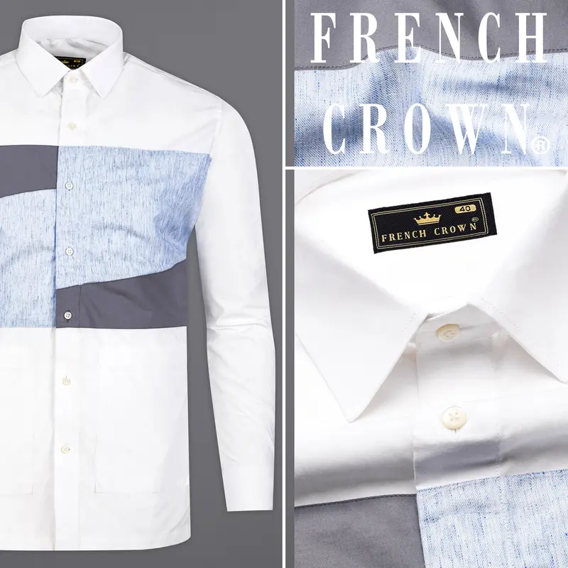 Bright White With Shuttle Gray And Tropical Blue Premium Cotton Designer Shirt 11