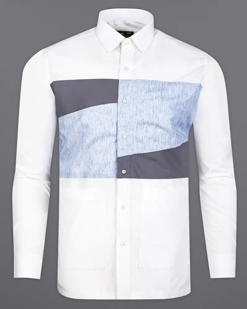 Bright White With Shuttle Gray And Tropical Blue Premium Cotton Designer Shirt 2