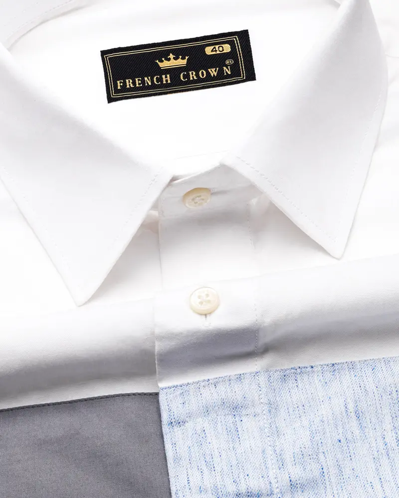 Bright White With Shuttle Gray And Tropical Blue Premium Cotton Designer Shirt 5