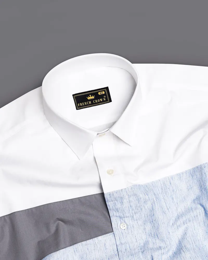 Bright White With Shuttle Gray And Tropical Blue Premium Cotton Designer Shirt 7