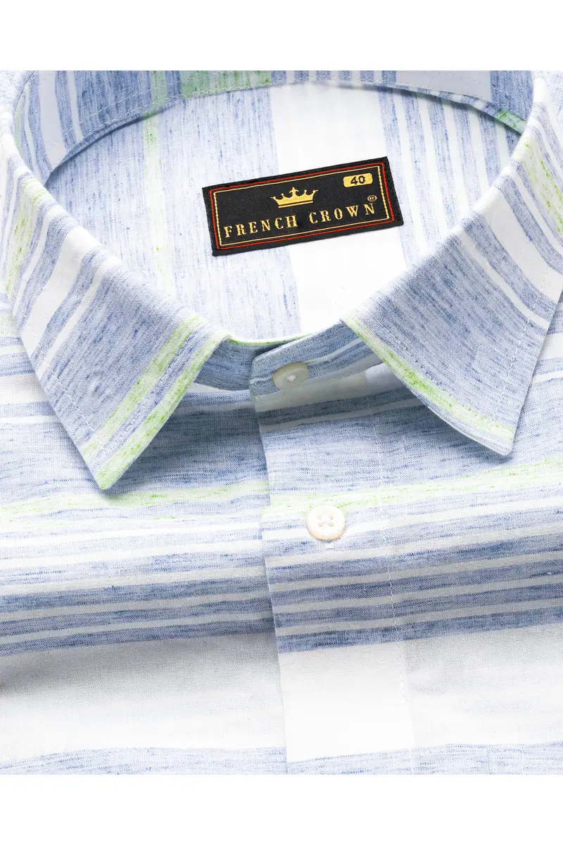 Bright White With Spindle Blue And Coriander Green Striped Premium Cotton Shirt 1