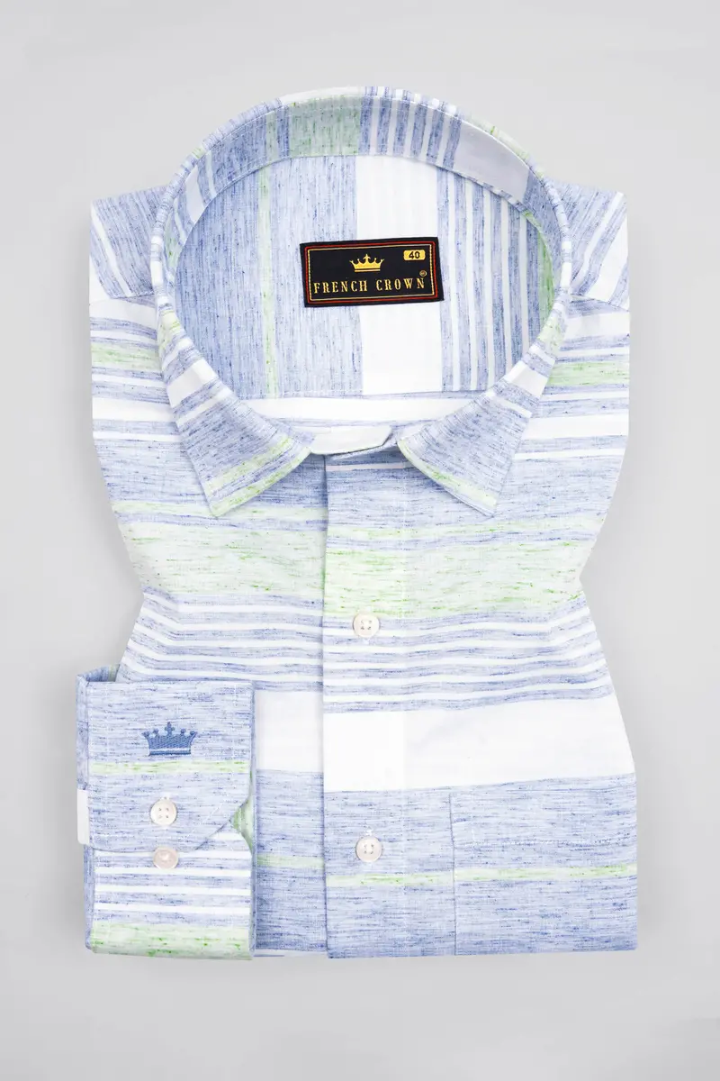Bright White With Spindle Blue And Coriander Green Striped Premium Cotton Shirt 3