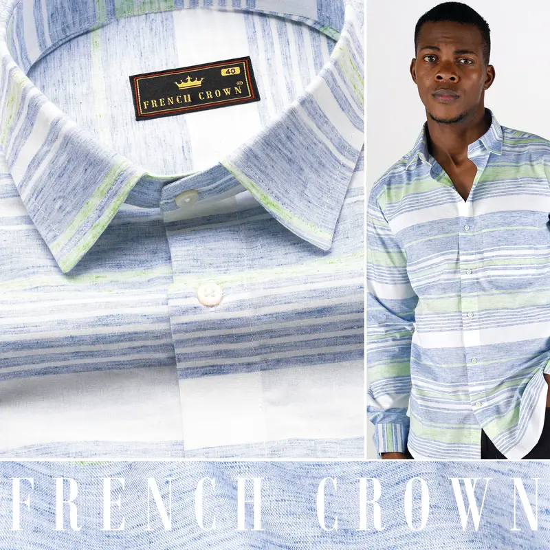 Bright White With Spindle Blue And Coriander Green Striped Premium Cotton Shirt 4