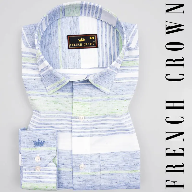Bright White With Spindle Blue And Coriander Green Striped Premium Cotton Shirt 7