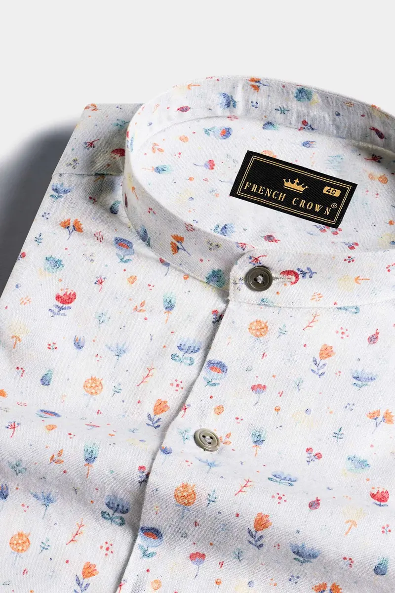 Bright White With Spindle Blue Multicolour Floral Printed Luxurious Linen Shirt 1