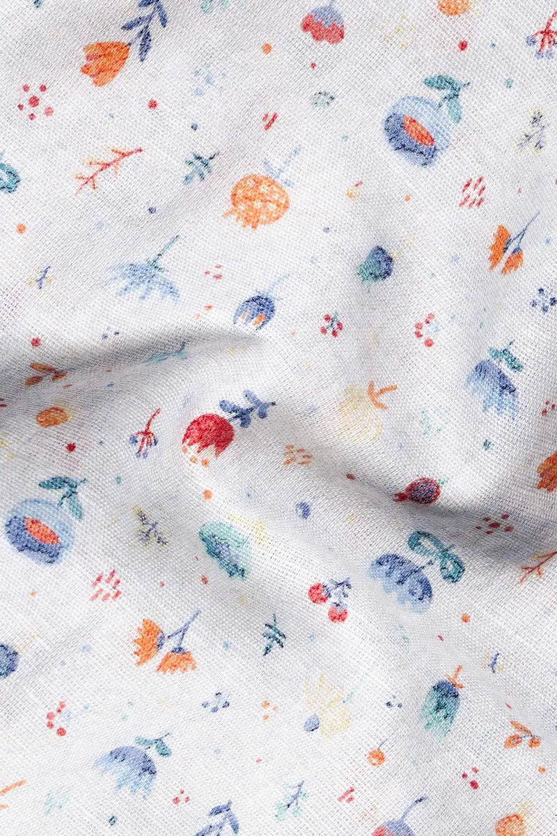 Bright White With Spindle Blue Multicolour Floral Printed Luxurious Linen Shirt 2