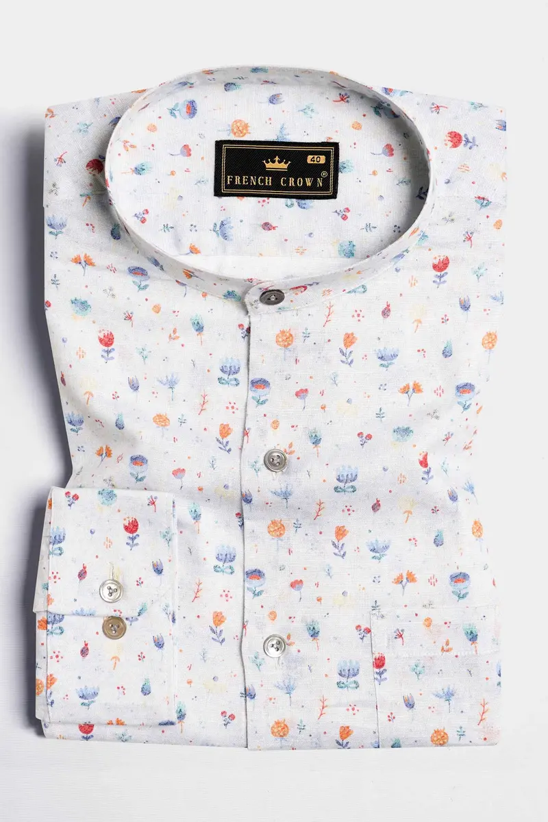 Bright White With Spindle Blue Multicolour Floral Printed Luxurious Linen Shirt 3