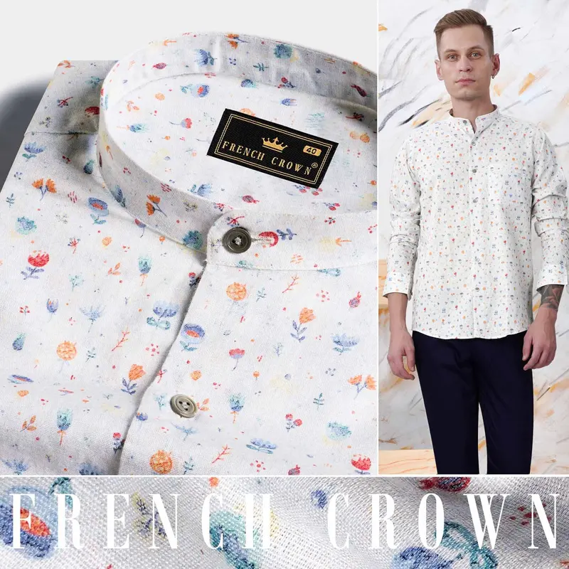 Bright White With Spindle Blue Multicolour Floral Printed Luxurious Linen Shirt 4