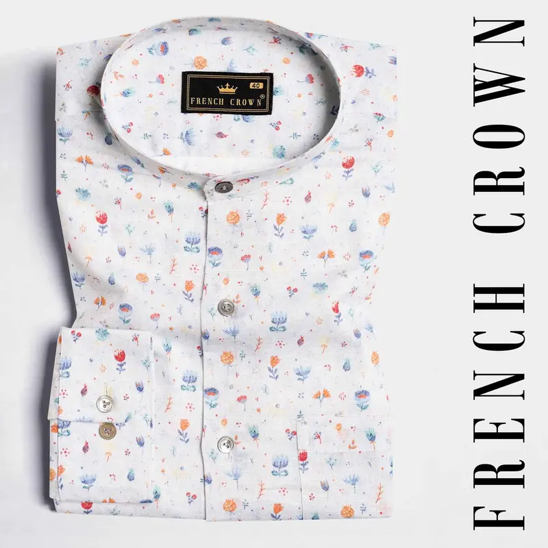 Bright White With Spindle Blue Multicolour Floral Printed Luxurious Linen Shirt 6