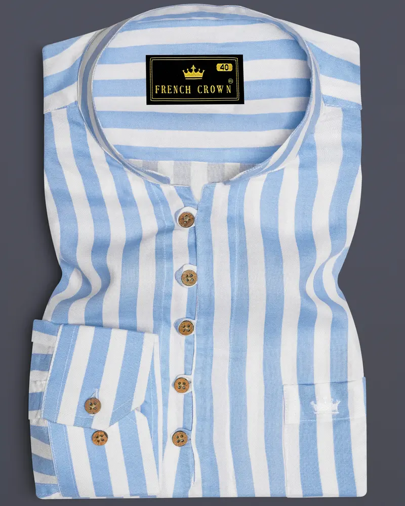 Bright White With Spindle Blue Striped Premium Tencel Kurta Shirt 1