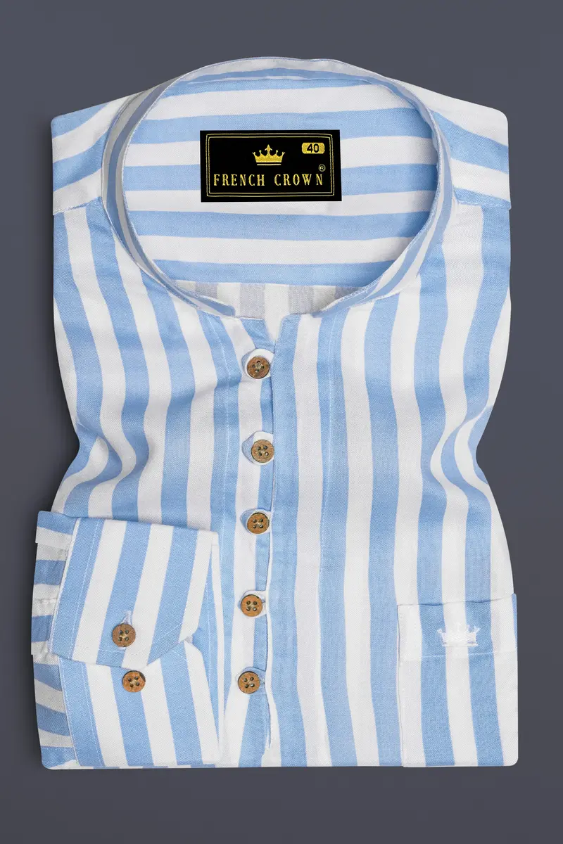 Bright White With Spindle Blue Striped Premium Tencel Kurta Shirt 2