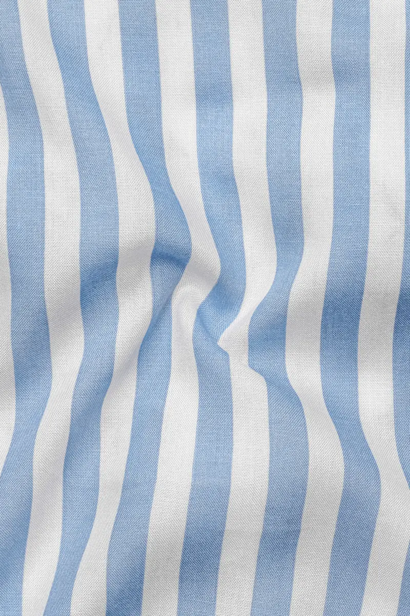 Bright White With Spindle Blue Striped Premium Tencel Kurta Shirt 3