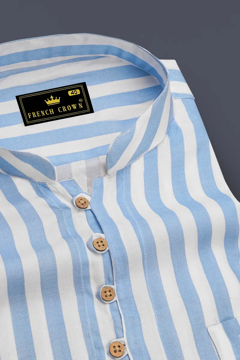 Bright White With Spindle Blue Striped Premium Tencel Kurta Shirt 4