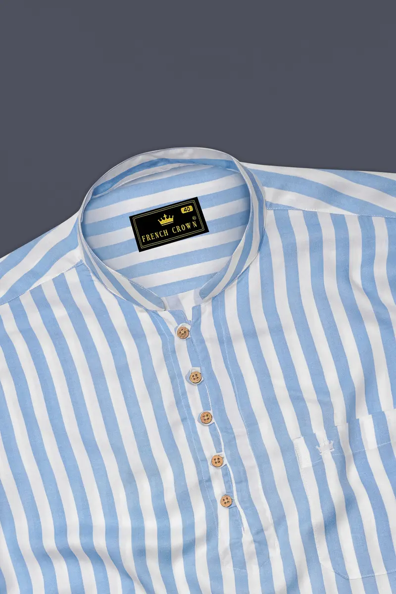 Bright White With Spindle Blue Striped Premium Tencel Kurta Shirt 5