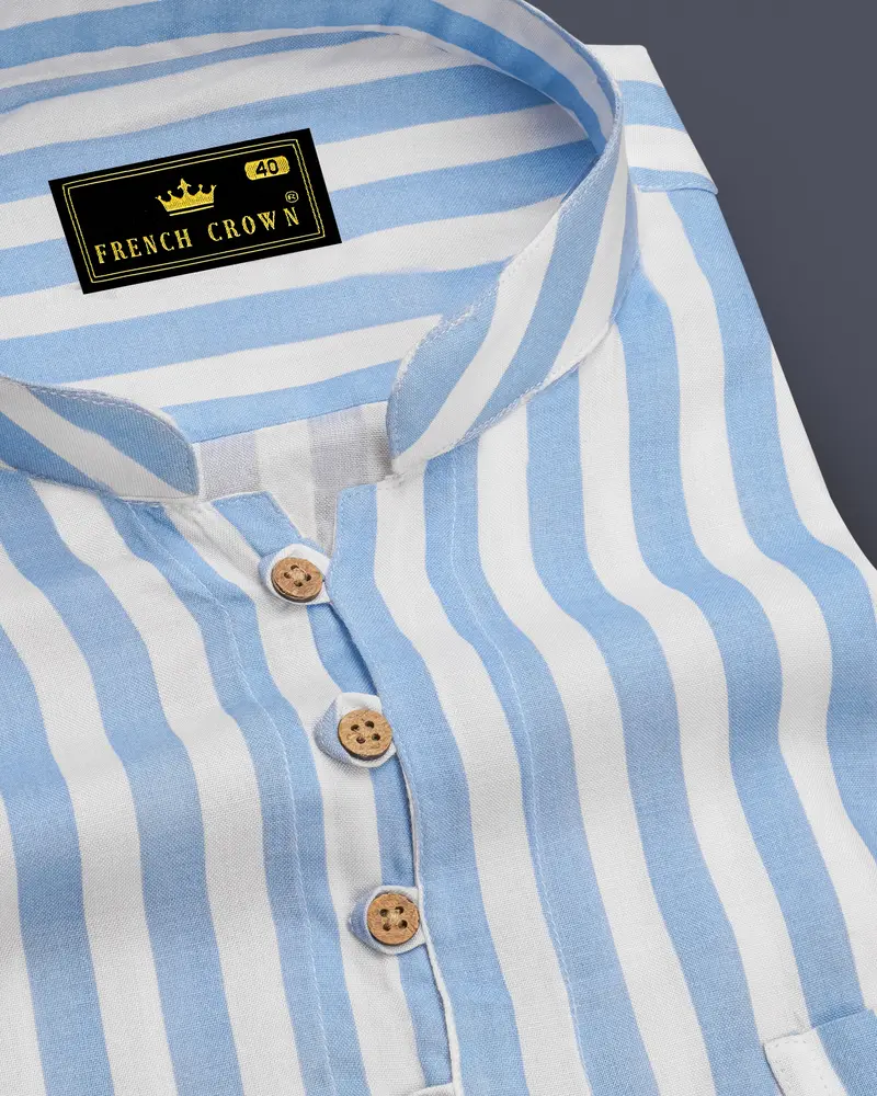 Bright White With Spindle Blue Striped Premium Tencel Kurta Shirt 6