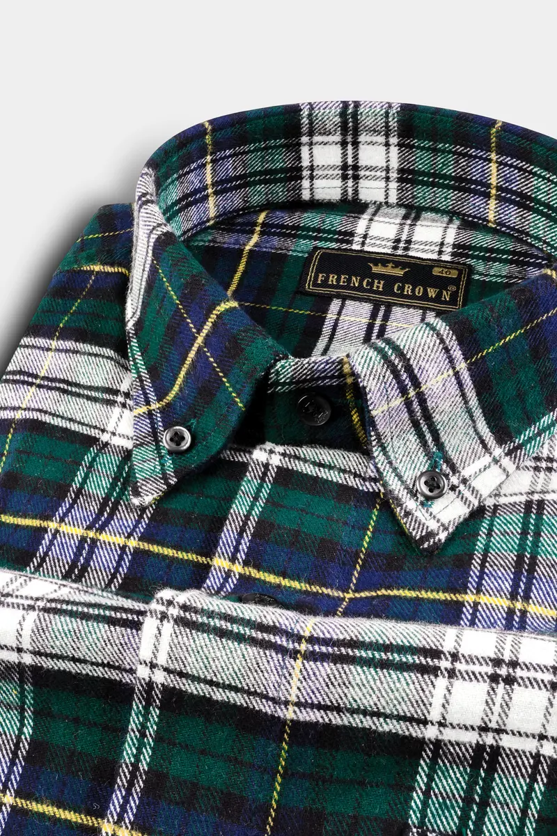 Bright White With Spruce Green Heavyweight Plaid Flannel Shirt 1