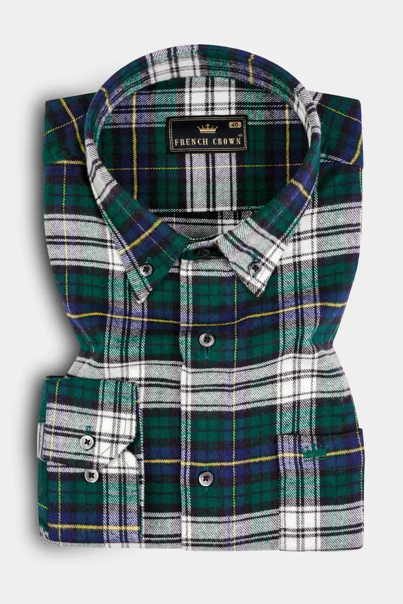 Bright White With Spruce Green Heavyweight Plaid Flannel Shirt 3