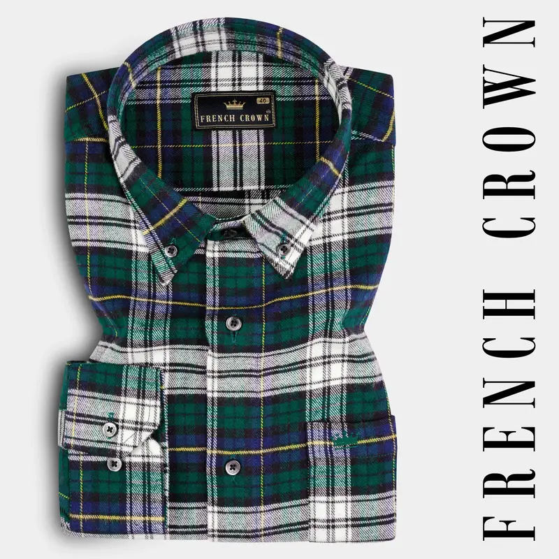 Bright White With Spruce Green Heavyweight Plaid Flannel Shirt 7