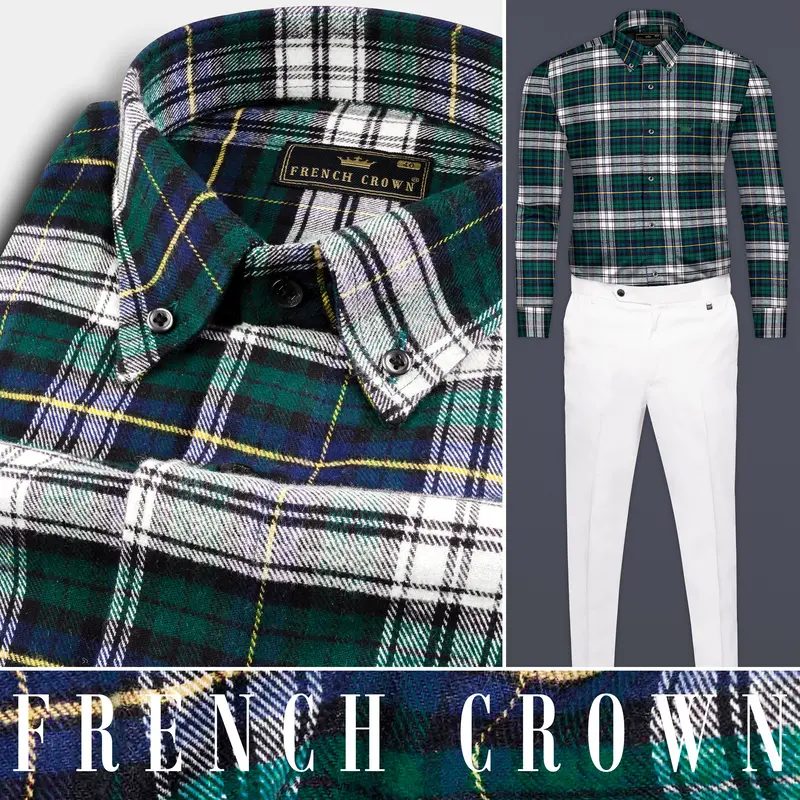 Bright White With Spruce Green Heavyweight Plaid Flannel Shirt 8
