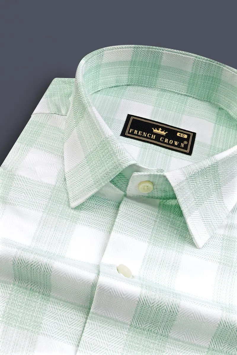 Bright White With Surf Green Plaid Dobby Cotton Shirt 1