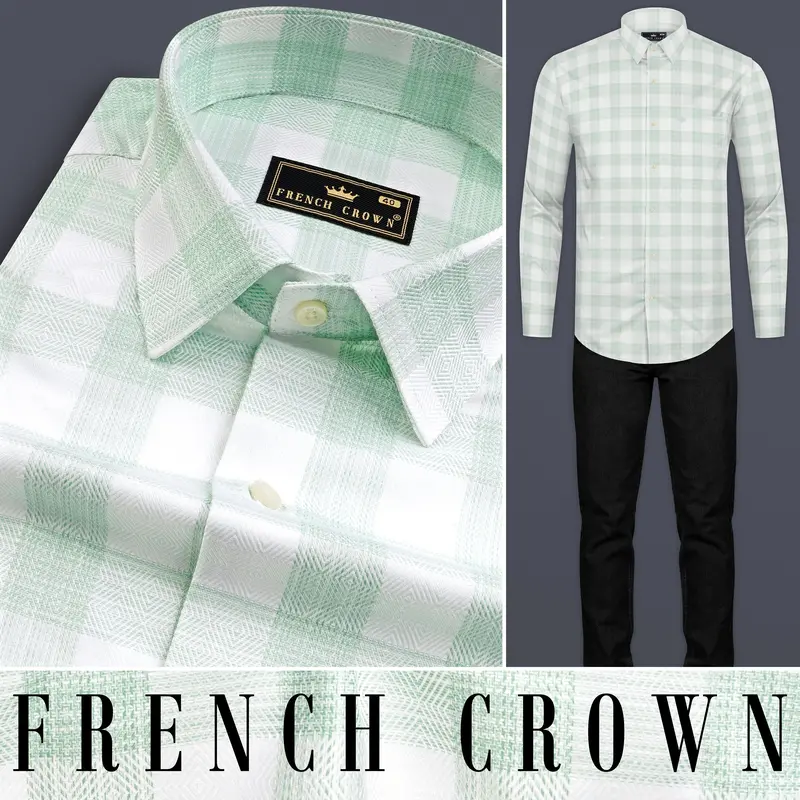 Bright White With Surf Green Plaid Dobby Cotton Shirt 10
