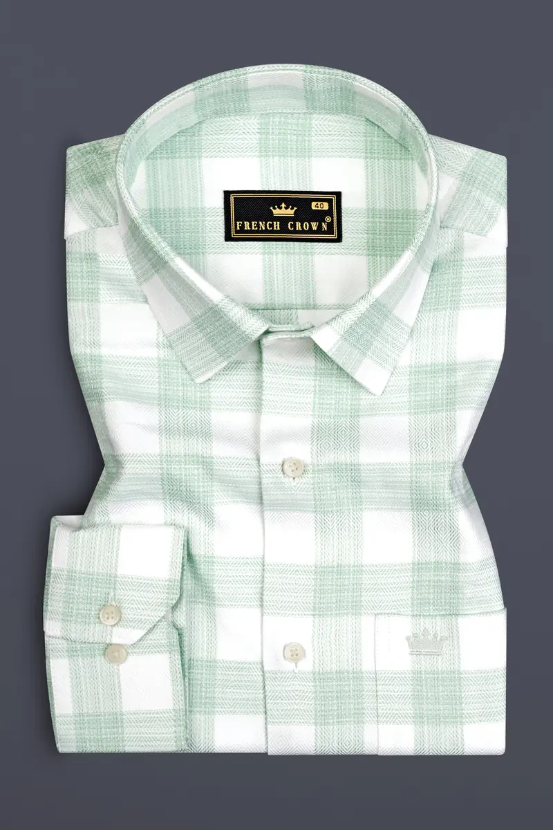 Bright White With Surf Green Plaid Dobby Cotton Shirt 3