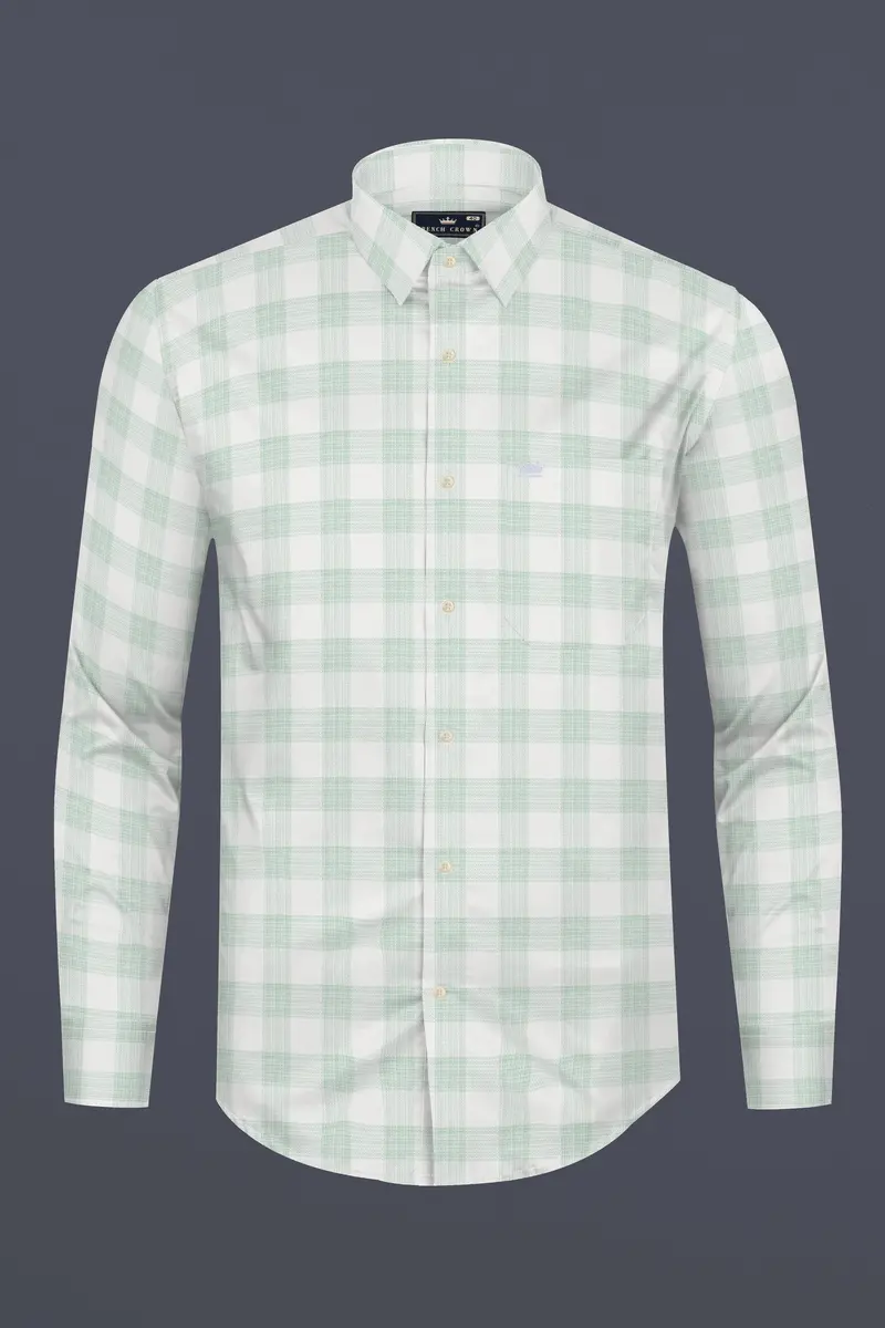 Bright White With Surf Green Plaid Dobby Cotton Shirt 4
