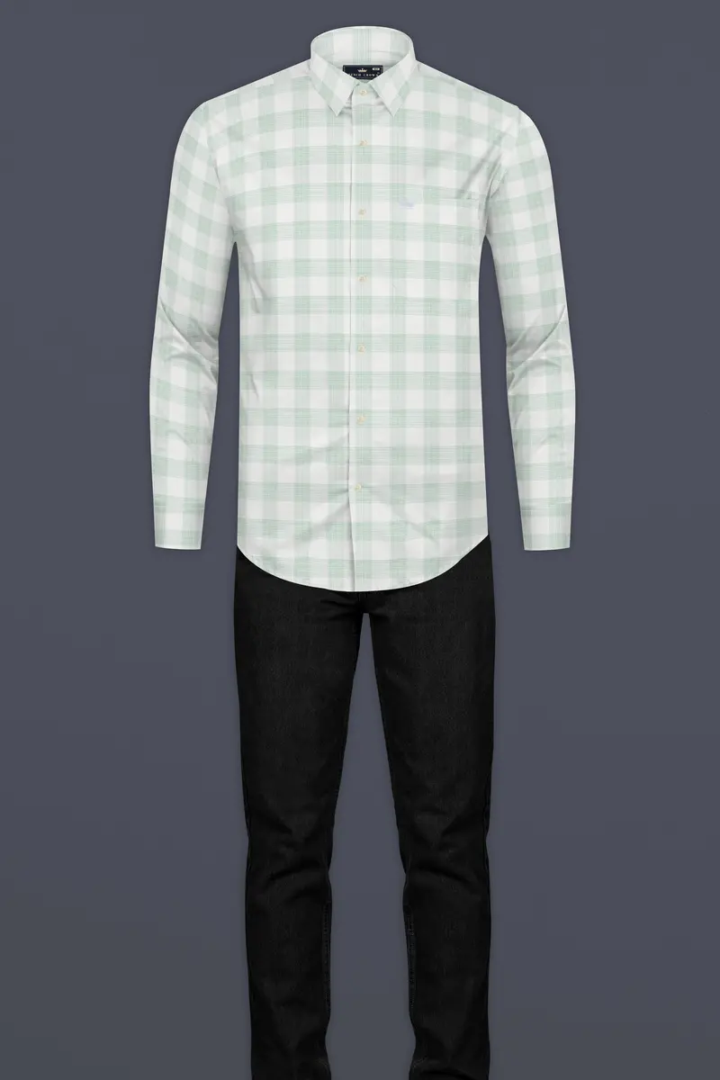 Bright White With Surf Green Plaid Dobby Cotton Shirt 6