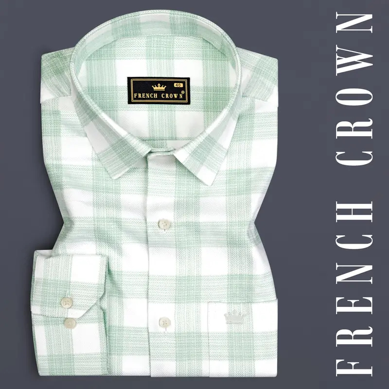 Bright White With Surf Green Plaid Dobby Cotton Shirt 7