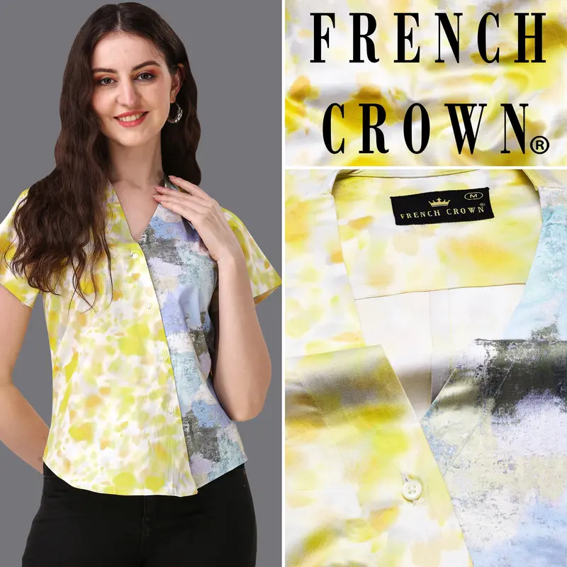 Bright White With Sweet Corn Shibori Printed Super Soft Premium Cotton Women’S Shirt 1