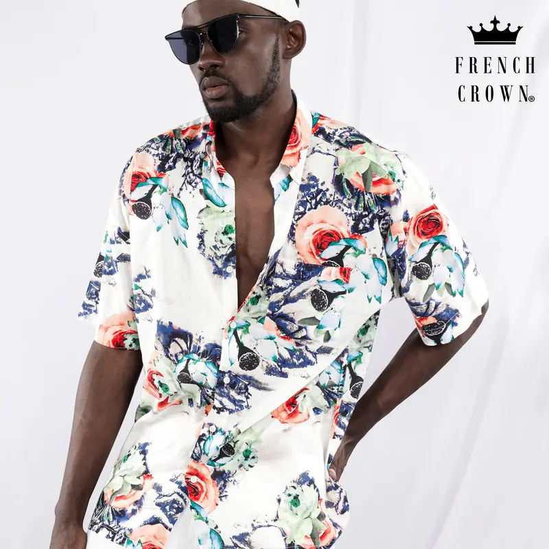 Bright White With Tacao Peach Rose Printed Lightweight Premium Cotton Oversized Shirt 1