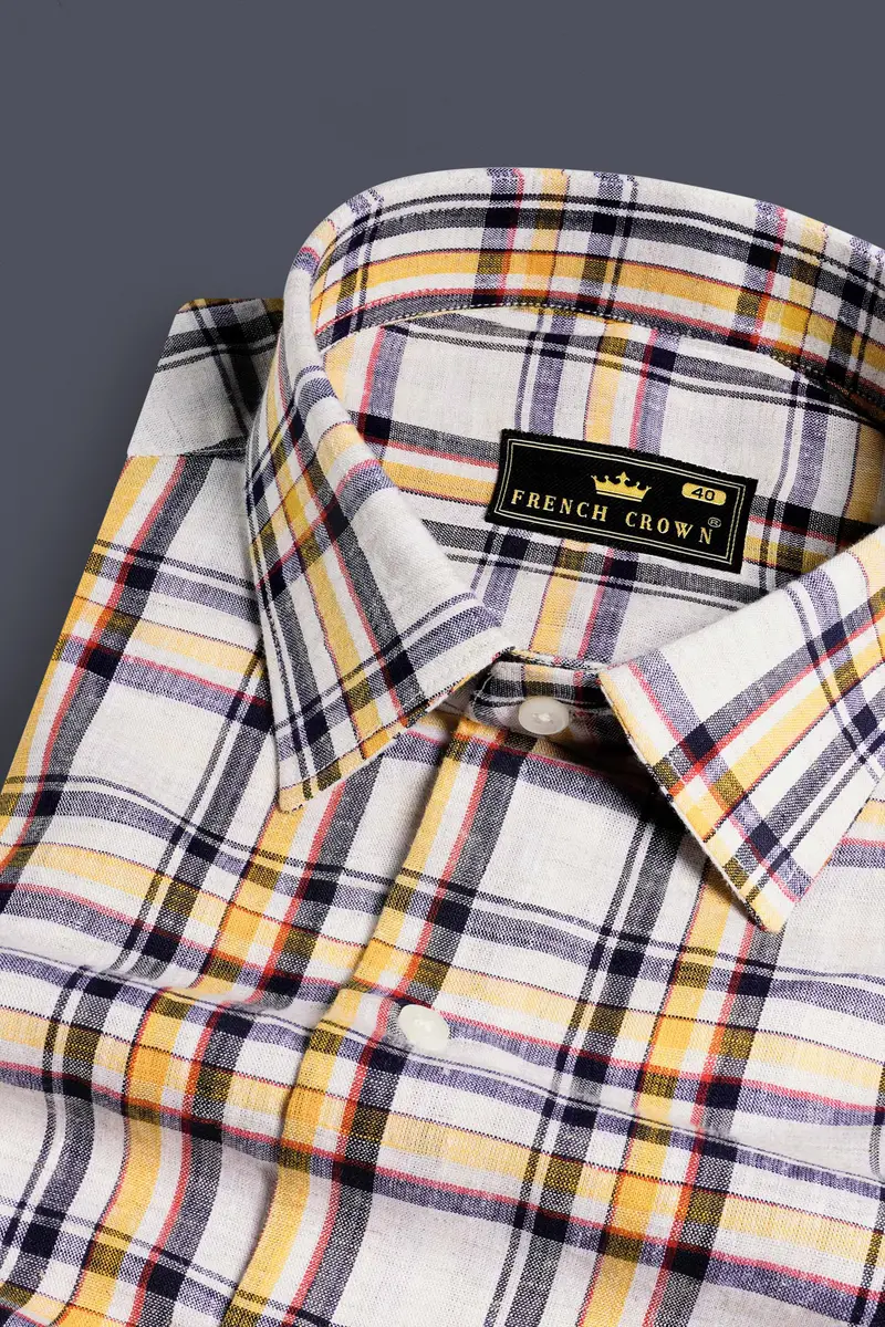 Bright White With Tahiti Brown And Haiti Blue Plaid Luxurious Linen Shirt 1