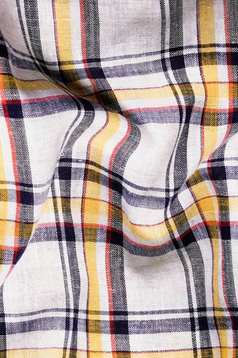 Bright White With Tahiti Brown And Haiti Blue Plaid Luxurious Linen Shirt 2