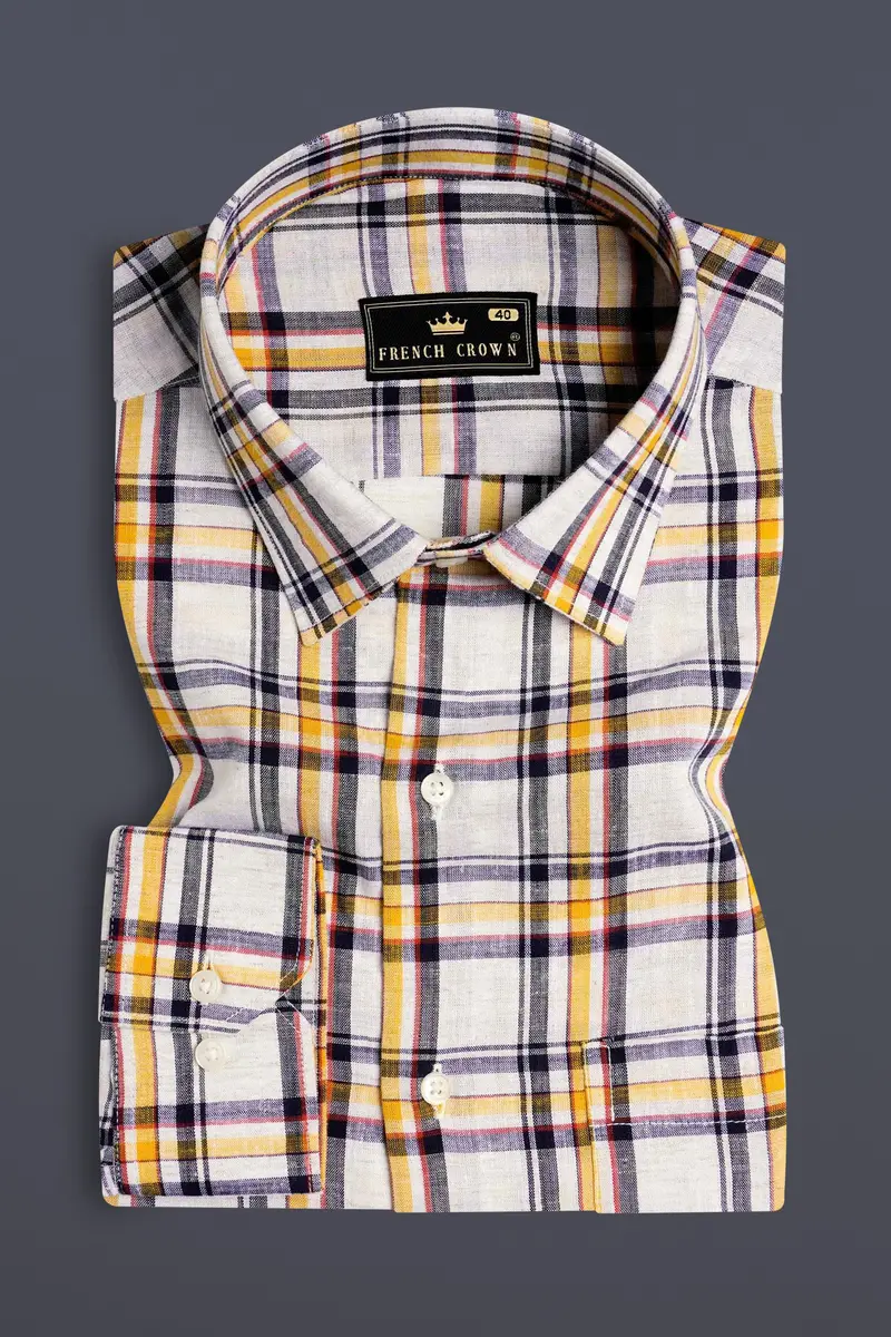 Bright White With Tahiti Brown And Haiti Blue Plaid Luxurious Linen Shirt 3
