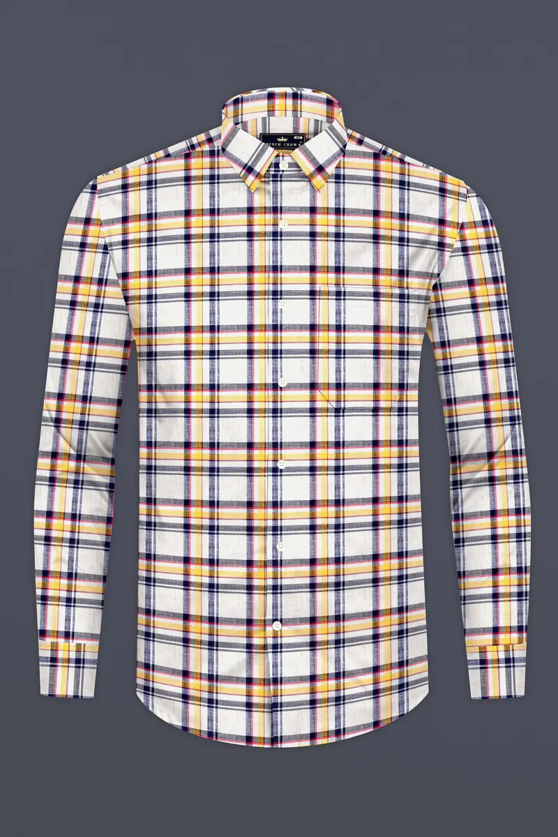 Bright White With Tahiti Brown And Haiti Blue Plaid Luxurious Linen Shirt 4