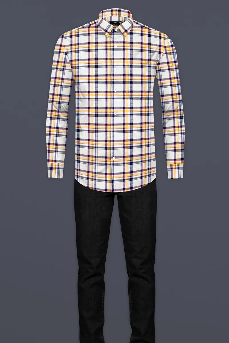 Bright White With Tahiti Brown And Haiti Blue Plaid Luxurious Linen Shirt 6