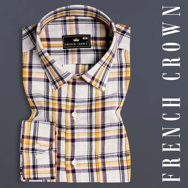 Bright White With Tahiti Brown And Haiti Blue Plaid Luxurious Linen Shirt 7
