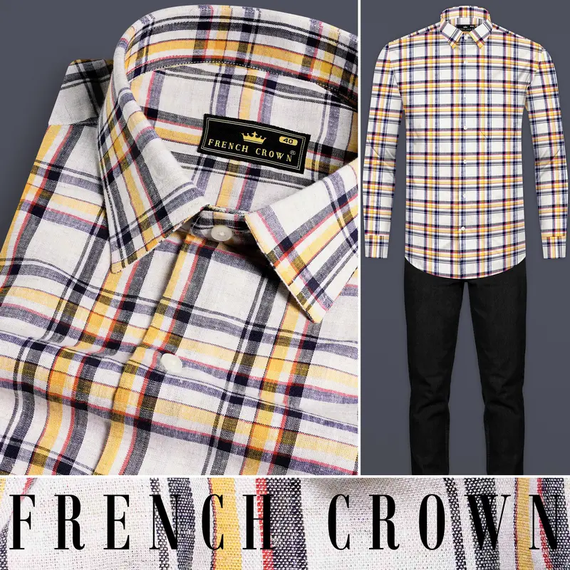 Bright White With Tahiti Brown And Haiti Blue Plaid Luxurious Linen Shirt 9