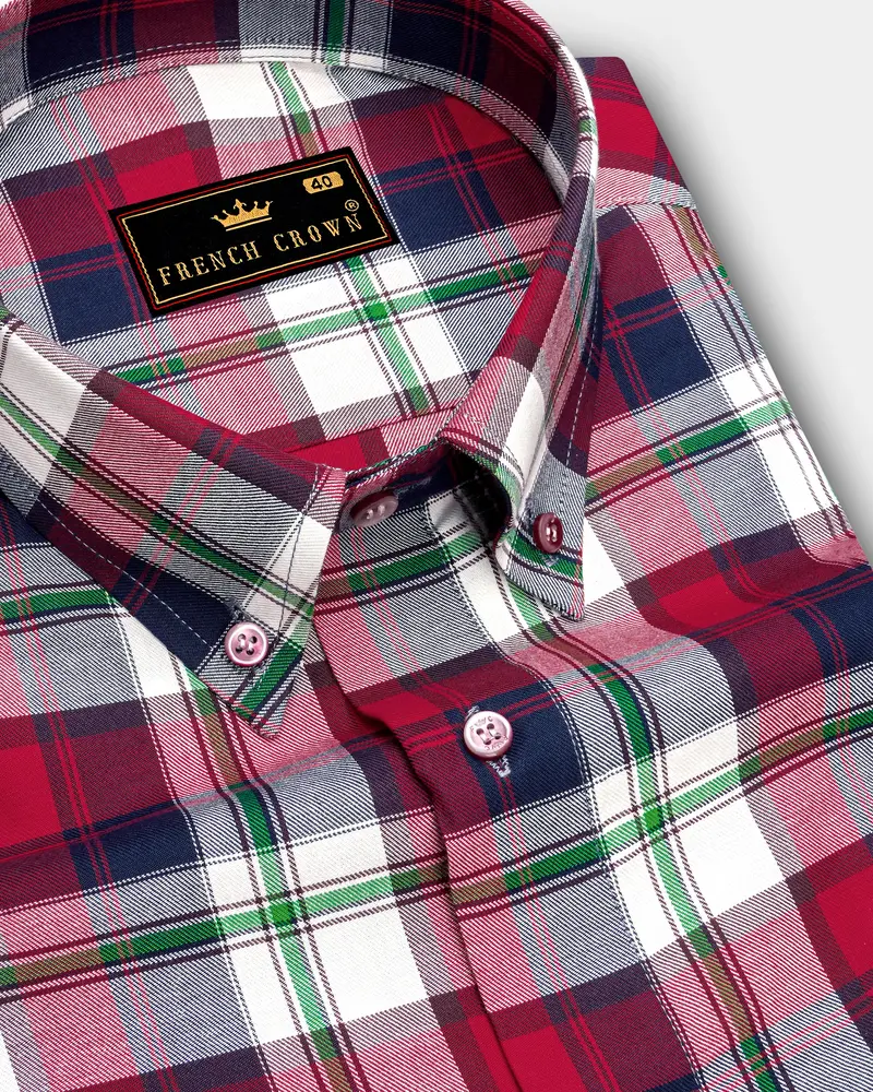 Bright White With Tamarillo Red And Caribbean Green Twill Windowpane Premium Cotton Shirt 1